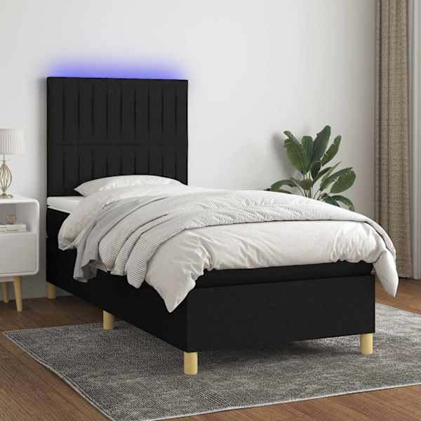 LED-valgustusega kontinentaalvoodi koos madratsiga, must, 100 × 200 cm, kangas — mudel 3135575