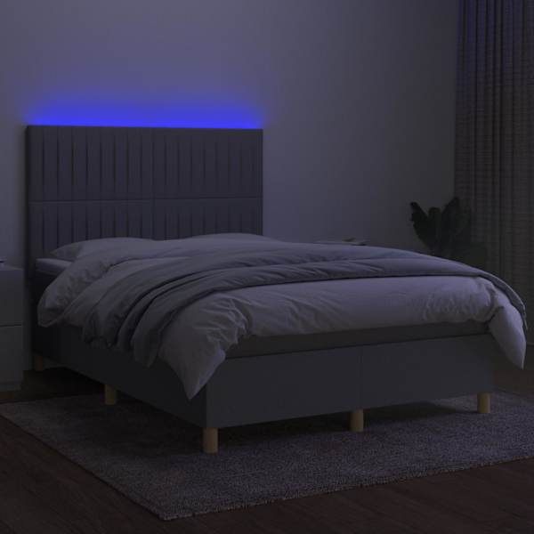 LED-valgustusega kontinentaalvoodi koos madratsiga, helehall, 140 × 190 cm, kangas — mudel 3135589