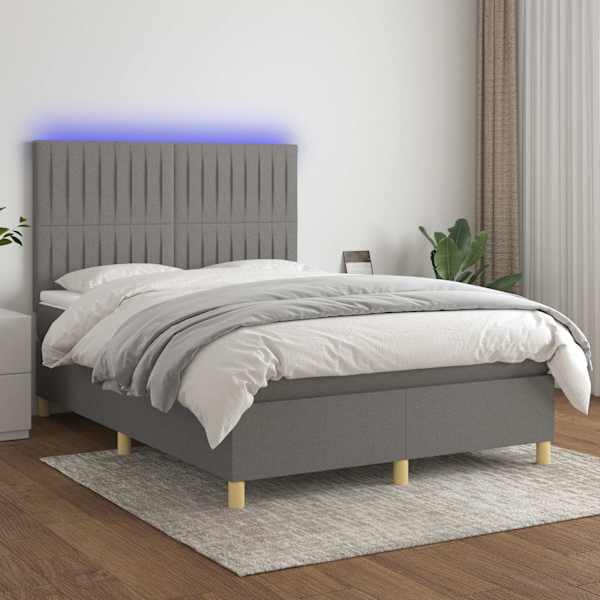 LED-valgustusega kontinentaalvoodi koos madratsiga, tumehall, 140 × 200 cm, kangas — mudel 3135598