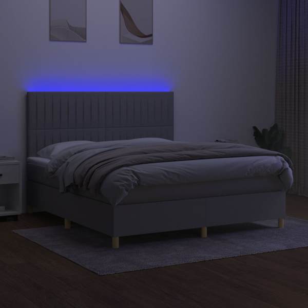 LED-valgustusega kontinentaalvoodi koos madratsiga, helehall, 180 × 200 cm, kangas — mudel 3135613