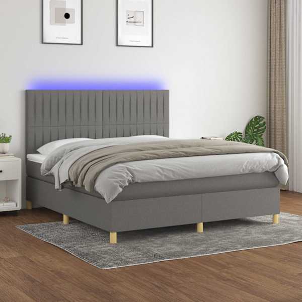 LED-valgustusega kontinentaalvoodi koos madratsiga, tumehall, 180 × 200 cm, kangas — mudel 3135614