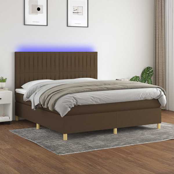 LED-valgustusega kontinentaalvoodi koos madratsiga, tumepruun, 180 × 200 cm, kangas — mudel 3135616