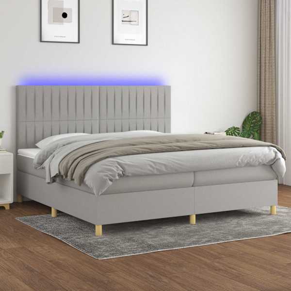LED-valgustusega kontinentaalvoodi koos 2 madratsiga, helehall, 200 × 200 cm, kangas — mudel 3135621