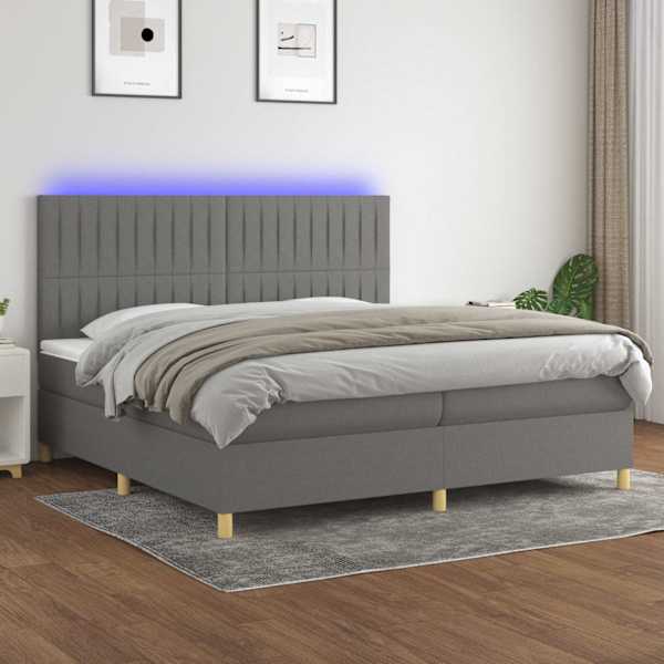 LED-valgustusega kontinentaalvoodi koos 2 madratsiga, tumehall, 200 × 200 cm, kangas — mudel 3135622