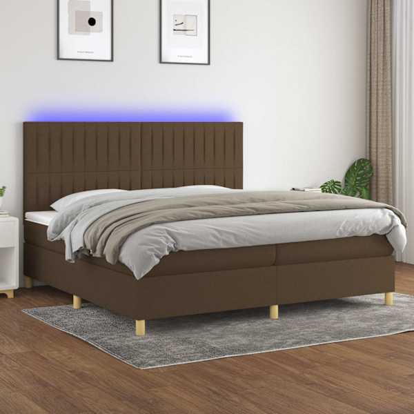 LED-valgustusega kontinentaalvoodi koos 2 madratsiga, tumepruun, 200 × 200 cm, kangas — mudel 3135624