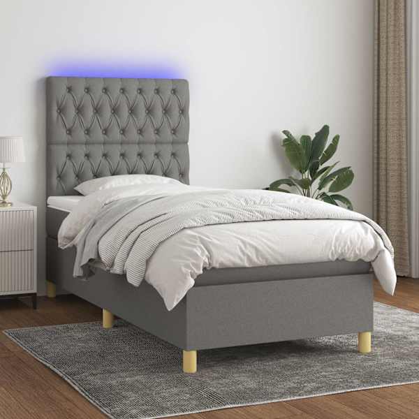 LED-valgustusega kontinentaalvoodi koos madratsiga, tumehall, 90 × 190 cm, kangas — mudel 3135638