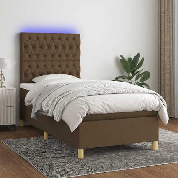 LED-valgustusega kontinentaalvoodi koos madratsiga, tumepruun, 90 × 190 cm, kangas — mudel 3135640