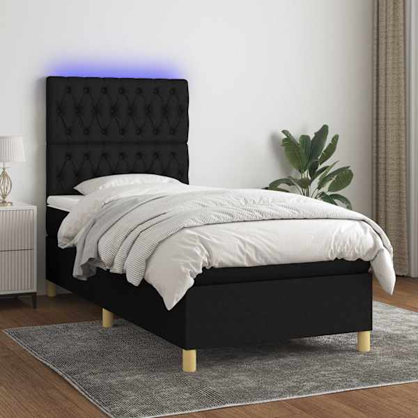 LED-valgustusega kontinentaalvoodi koos madratsiga, must, 90 × 200 cm, kangas — mudel 3135647