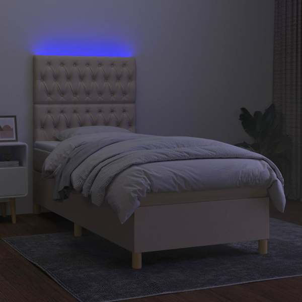LED-valgustusega kontinentaalvoodi koos madratsiga, kreemjasvalge, 100 × 200 cm, kangas — mudel 3135658
