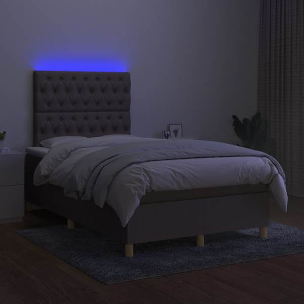 LED-valgustusega kontinentaalvoodi koos madratsiga, pruunikashall, 120 × 200 cm, kangas — mudel 3135665