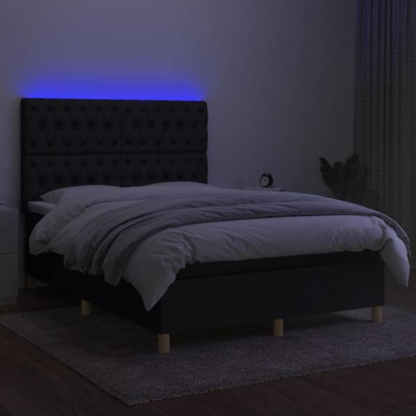 LED-valgustusega kontinentaalvoodi koos madratsiga, must, 140 × 190 cm, kangas — mudel 3135671