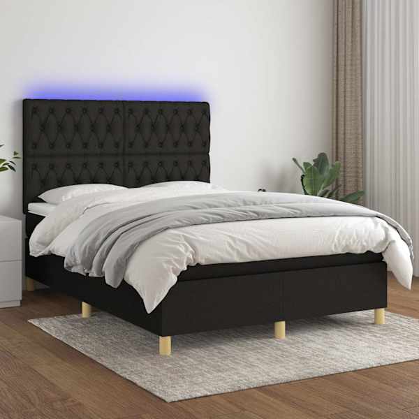 LED-valgustusega kontinentaalvoodi koos madratsiga, must, 140 × 190 cm, kangas — mudel 3135671