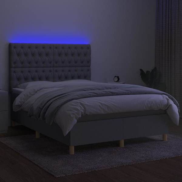 LED-valgustusega kontinentaalvoodi koos madratsiga, helehall, 140 × 200 cm, kangas — mudel 3135677