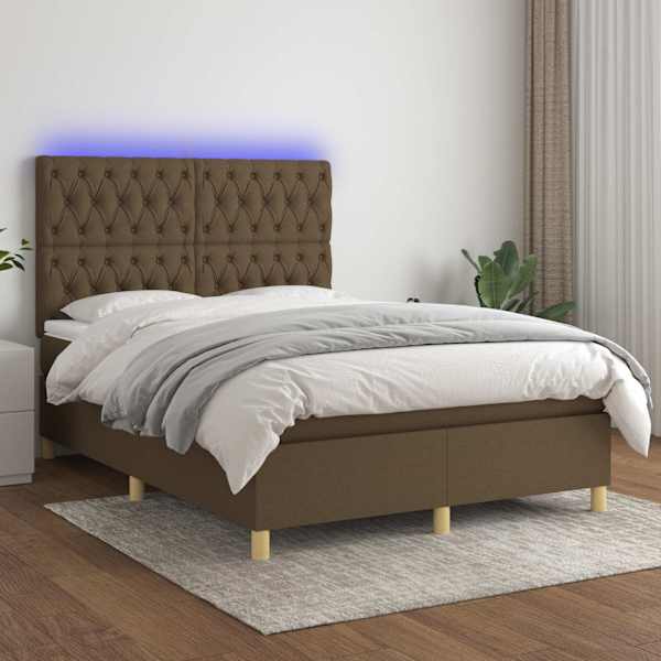 LED-valgustusega kontinentaalvoodi koos madratsiga, tumepruun, 140 × 200 cm, kangas — mudel 3135680