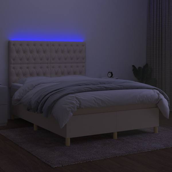 LED-valgustusega kontinentaalvoodi koos madratsiga, kreemjasvalge, 140 × 200 cm, kangas — mudel 3135682