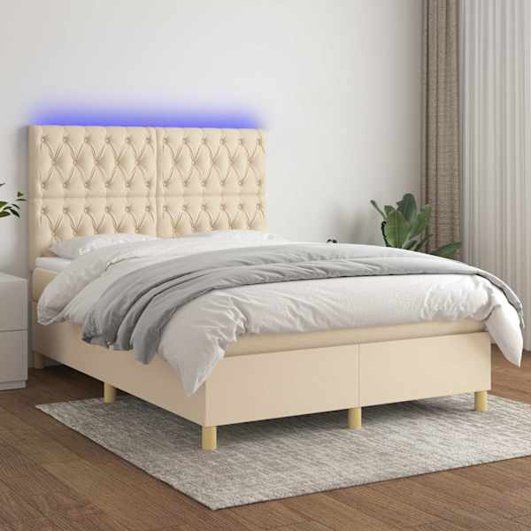 LED-valgustusega kontinentaalvoodi koos madratsiga, kreemjasvalge, 140 × 200 cm, kangas — mudel 3135682
