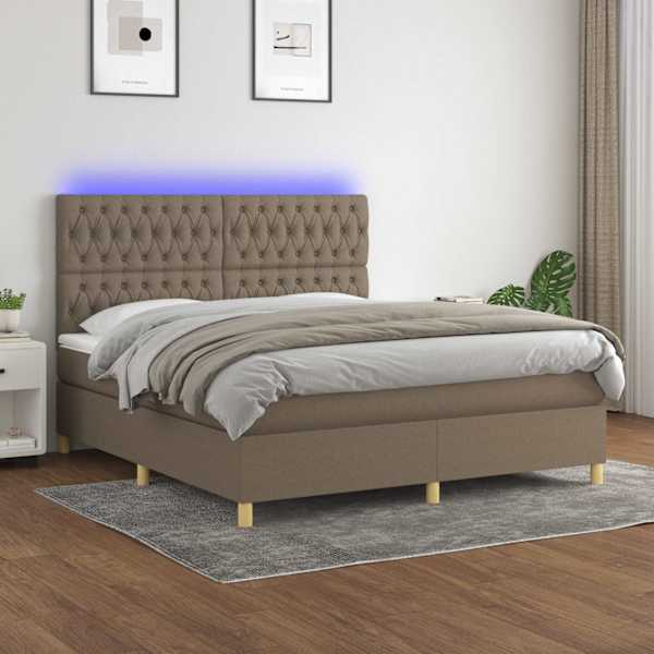 LED-valgustusega kontinentaalvoodi koos madratsiga, pruunikashall, 160 × 200 cm, kangas — mudel 3135689