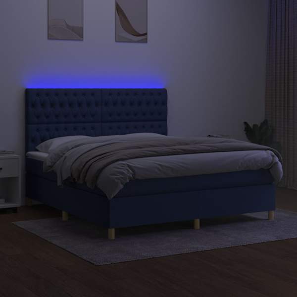 LED-valgustusega kontinentaalvoodi koos madratsiga, sinine, 160 × 200 cm, kangas — mudel 3135691
