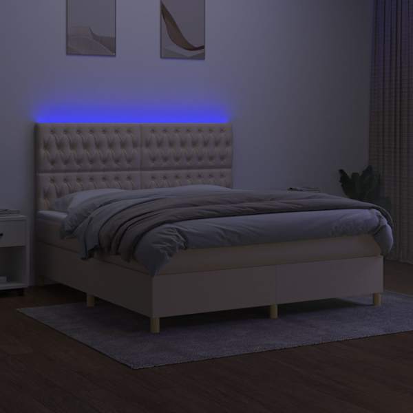 LED-valgustusega kontinentaalvoodi koos madratsiga, kreemjasvalge, 180 × 200 cm, kangas — mudel 3135698