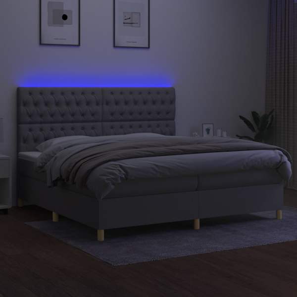 LED-valgustusega kontinentaalvoodi koos 2 madratsiga, helehall, 200 × 200 cm, kangas — mudel 3135701