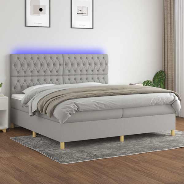 LED-valgustusega kontinentaalvoodi koos 2 madratsiga, helehall, 200 × 200 cm, kangas — mudel 3135701
