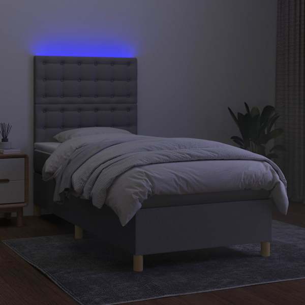 LED-valgustusega kontinentaalvoodi koos madratsiga, helehall, 90 × 200 cm, kangas — mudel 3135725