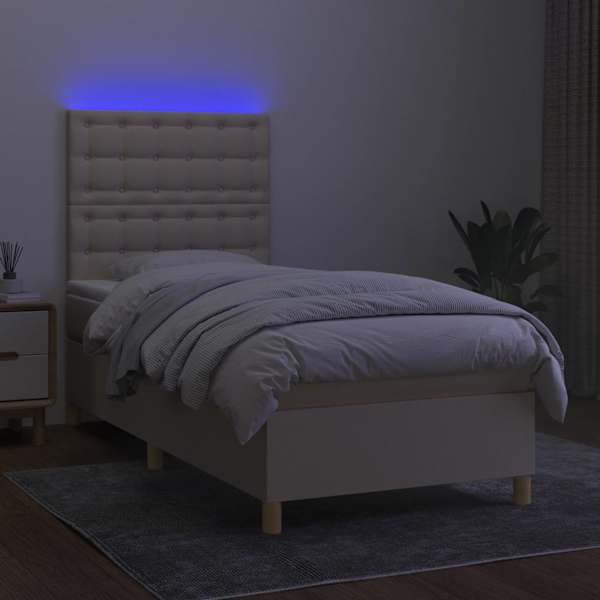 LED-valgustusega kontinentaalvoodi koos madratsiga, kreemjasvalge, 90 × 200 cm, kangas — mudel 3135730