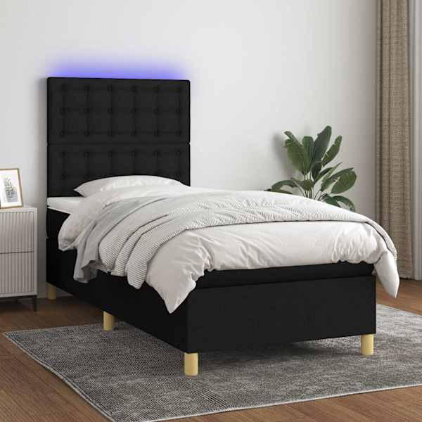 LED-valgustusega kontinentaalvoodi koos madratsiga, must, 100 × 200 cm, kangas — mudel 3135735