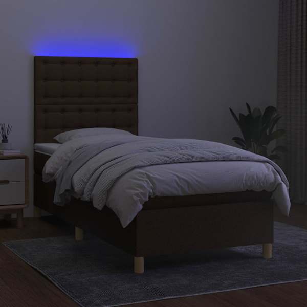 LED-valgustusega kontinentaalvoodi koos madratsiga, tumepruun, 100 × 200 cm, kangas — mudel 3135736