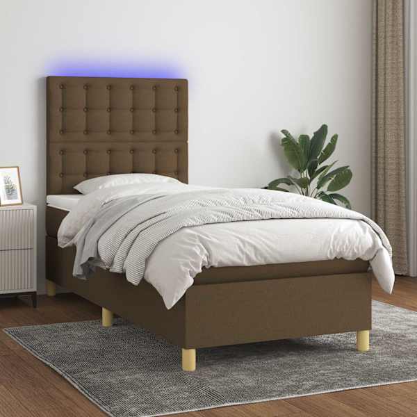 LED-valgustusega kontinentaalvoodi koos madratsiga, tumepruun, 100 × 200 cm, kangas — mudel 3135736