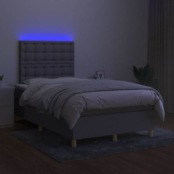 LED-valgustusega kontinentaalvoodi koos madratsiga, helehall, 120 × 200 cm, kangas — mudel 3135741