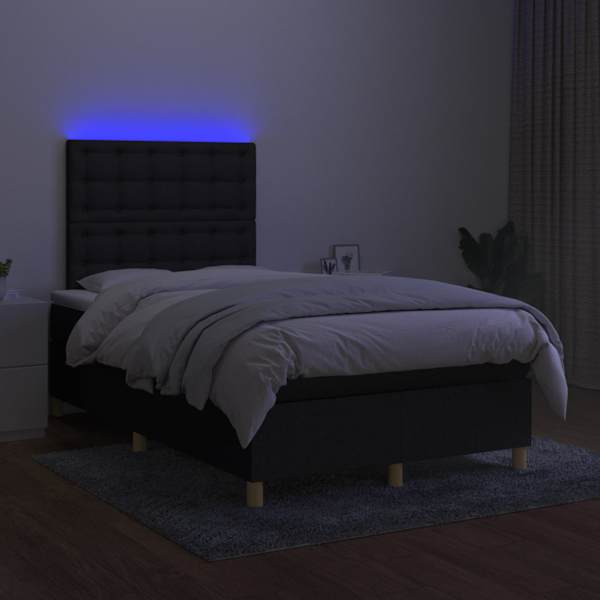 LED-valgustusega kontinentaalvoodi koos madratsiga, must, 120 × 200 cm, kangas — mudel 3135743