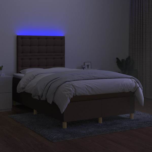 LED-valgustusega kontinentaalvoodi koos madratsiga, tumepruun, 120 × 200 cm, kangas — mudel 3135744