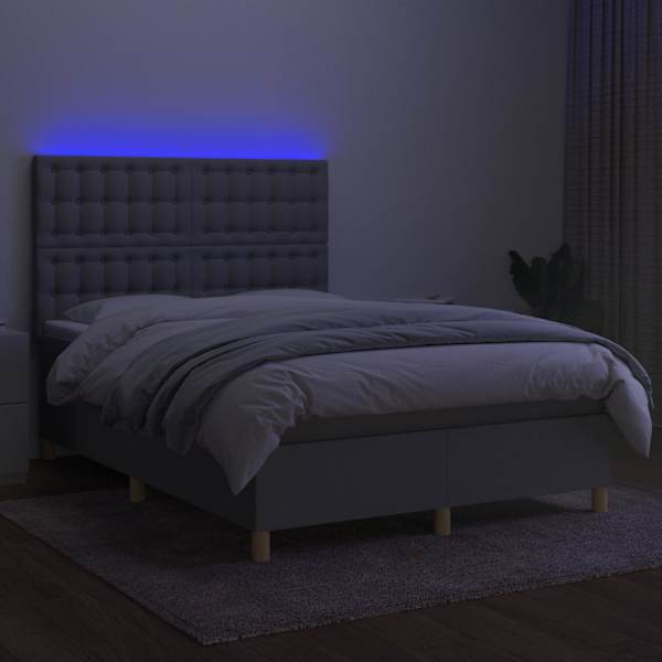 LED-valgustusega kontinentaalvoodi koos madratsiga, helehall, 140 × 190 cm, kangas — mudel 3135749