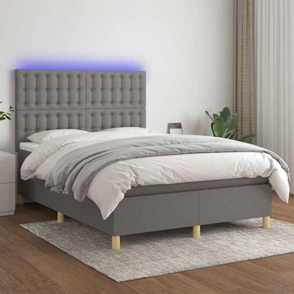 LED-valgustusega kontinentaalvoodi koos madratsiga, tumehall, 140 × 190 cm, kangas — mudel 3135750