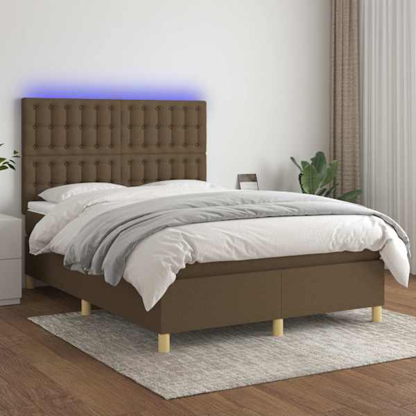 LED-valgustusega kontinentaalvoodi koos madratsiga, tumepruun, 140 × 190 cm, kangas — mudel 3135752