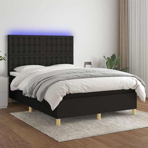 LED-valgustusega kontinentaalvoodi koos madratsiga, must, 140 × 200 cm, kangas — mudel 3135759