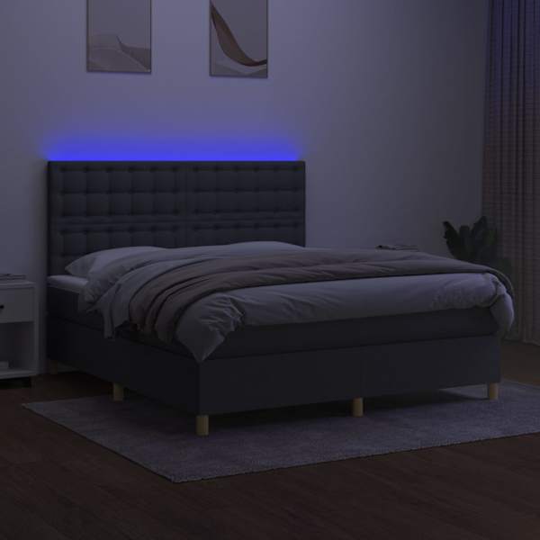 LED-valgustusega kontinentaalvoodi koos madratsiga, tumehall, 160 × 200 cm, kangas — mudel 3135766
