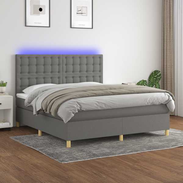 LED-valgustusega kontinentaalvoodi koos madratsiga, tumehall, 160 × 200 cm, kangas — mudel 3135766