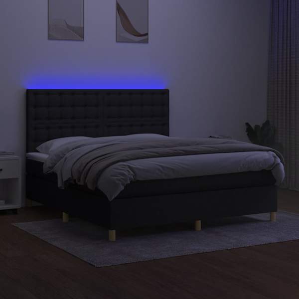 LED-valgustusega kontinentaalvoodi koos madratsiga, must, 160 × 200 cm, kangas — mudel 3135767