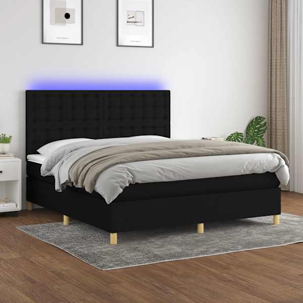 LED-valgustusega kontinentaalvoodi koos madratsiga, must, 160 × 200 cm, kangas — mudel 3135767