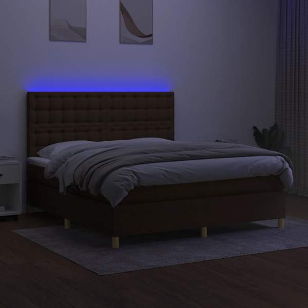 LED-valgustusega kontinentaalvoodi koos madratsiga, tumepruun, 160 × 200 cm, kangas — mudel 3135768
