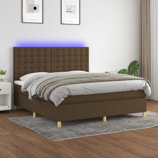 LED-valgustusega kontinentaalvoodi koos madratsiga, tumepruun, 160 × 200 cm, kangas — mudel 3135768