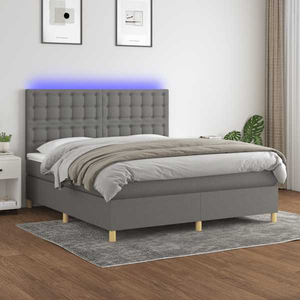LED-valgustusega kontinentaalvoodi koos madratsiga, tumehall, 180 × 200 cm, kangas — mudel 3135774