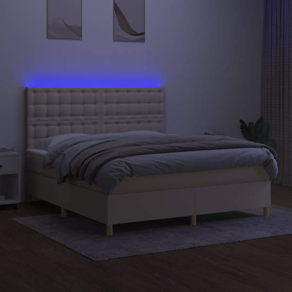 LED-valgustusega kontinentaalvoodi koos madratsiga, kreemjasvalge, 180 × 200 cm, kangas — mudel 3135778