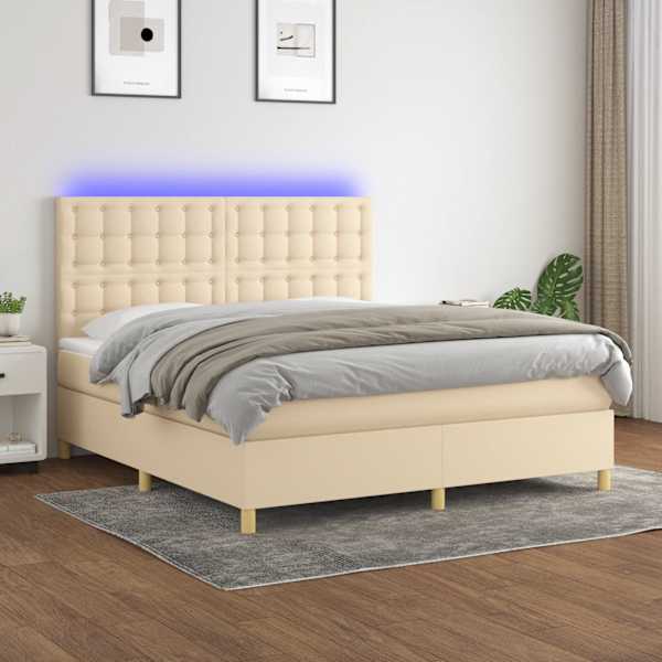 LED-valgustusega kontinentaalvoodi koos madratsiga, kreemjasvalge, 180 × 200 cm, kangas — mudel 3135778