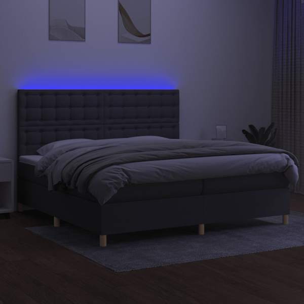 LED-valgustusega kontinentaalvoodi koos 2 madratsiga, tumehall, 200 × 200 cm, kangas — mudel 3135782