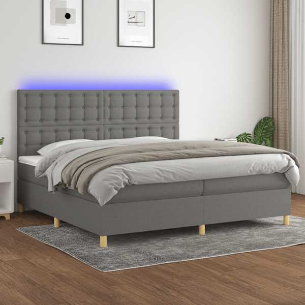 LED-valgustusega kontinentaalvoodi koos 2 madratsiga, tumehall, 200 × 200 cm, kangas — mudel 3135782