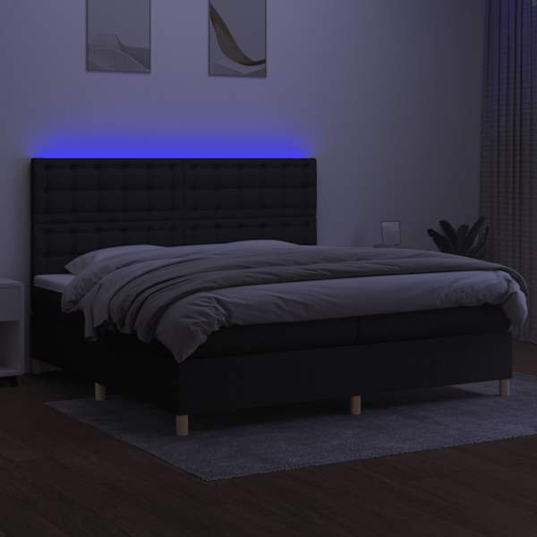 LED-valgustusega kontinentaalvoodi koos 2 madratsiga, must, 200 × 200 cm, kangas — mudel 3135783