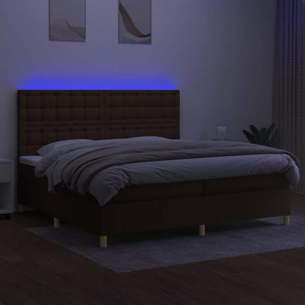 LED-valgustusega kontinentaalvoodi koos 2 madratsiga, tumepruun, 200 × 200 cm, kangas — mudel 3135784